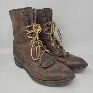 VTG Justin Boots Mens 8.5D Brown Leather Western Roper Lace Up USA Rodeo Patina